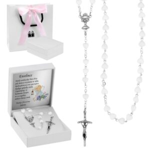 Różaniec na I Komunię z białymi serduszkami i dedykacją