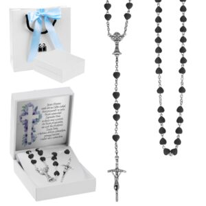Komunijny różaniec czarne serduszka IHS z personalizacją