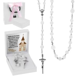 Komunijny różaniec ze szkła mrożonego z dedykacją w pudełku