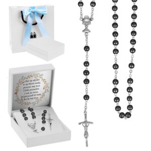 Różaniec na Pierwszą Komunię czarne koraliki z dedykacją