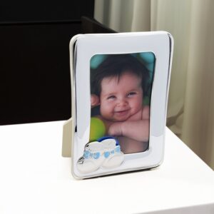 Na chrzest niebieska ramka buciki Valenti & Co. z grawerem