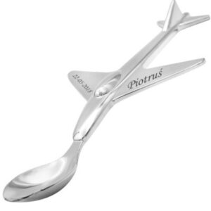 Na roczek lub chrzciny: posrebrzana łyżeczka samolot z grawerem