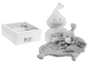 Giftbox szary Kaczuszka – gryzak i przytulanka z dedykacją bez limitu i zdjęciem