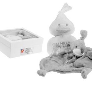 Giftbox szary Kaczuszka – gryzak i przytulanka z dedykacją bez limitu i zdjęciem