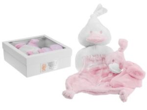 Giftbox różowy – kaczuszka, gryzak i kocyk z dedykacją na Chrzest i roczek