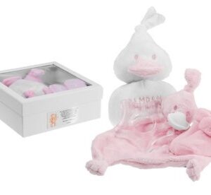 Giftbox różowy – kaczuszka, gryzak i kocyk z dedykacją na Chrzest i roczek