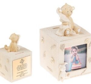 Skarbonka z misiem na chrzest i roczek z dedykacją i zdjęciem