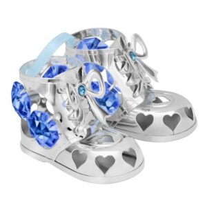 Buciki posrebrzane z niebieskimi kryształami na chrzest i roczek