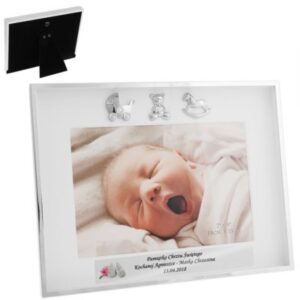 Na chrzest: posrebrzana ramka na zdjęcie z 3 ikonami i dedykacją