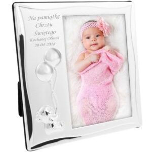 Na chrzest posrebrzana ramka z misiem i balonami z grawerem