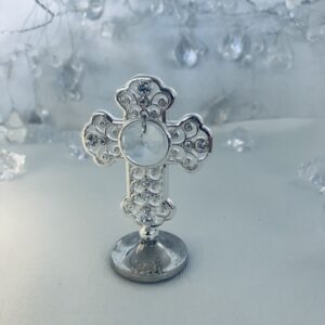 Krzyż na chrzest platerowany srebrem SWAROVSKI z grawerem