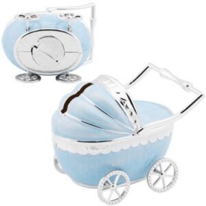 Skarbonka wózek błękitna posrebrzana na chrzest i roczek