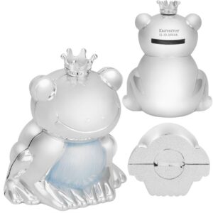 Błękitna skarbonka żabka ze stali posrebrzanej z grawerem na chrzest