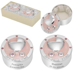 Na chrzest: różowe puzderka na ząbek i pukiel z grawerem