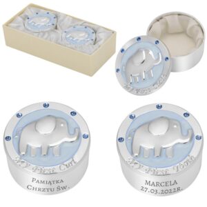 Na chrzest lub roczek: błękitne szkatułki ze słonikiem z grawerem