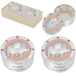 Na chrzest lub roczek: różowe szkatułki ze słonikiem z grawerem