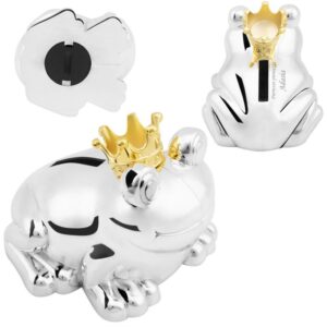 Chrzest: posrebrzana skarbonka żaba z koroną z grawerem przy wlocie