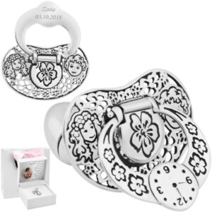 Srebrny smoczek 925 na Chrzest z grawerem diamentem, tabliczk_