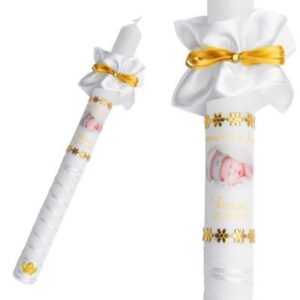 Biało-złota świeca na Chrzest z nadrukiem zdjęcia lub grafiki