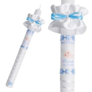 Świeca na Chrzest koronkowa niebieska z nadrukiem i profitką