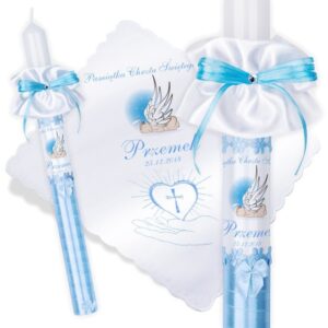 Chrzest i komunia: świeca i szatka ze zdjęciem dziecka G5 Personalizacja