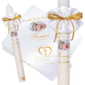 Zestaw do Chrztu: świeca G8 i szatka ze zdjęciem dziecka