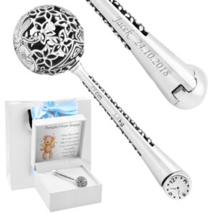 Na Chrzest: Srebrna grzechotka 0,925 z grawerem Niebieska Kokardka