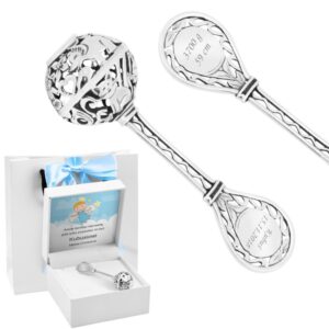 Na Chrzest: Srebrna grzechotka 0,925 grawer dwustronny Niebieska Kokardka