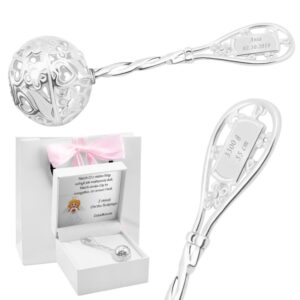 Na Chrzest: Srebrna grzechotka 925 z grawerem Różowa Kokardka