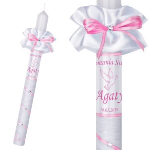 Świeca na I Komunię Świętą róż z nadrukiem i okapnikiem