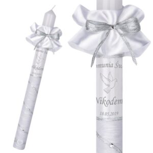 Świeca na I Komunię Świętą srebrna z personalizacją nadruku