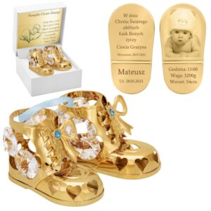Chrzest lub roczek: pozłacane buciki z grawerem i kryształami