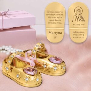 Chrzest lub roczek: pozłacane baletki z grawerem i kryształami