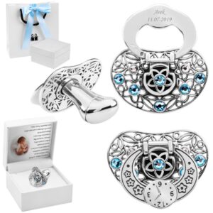 Smoczek srebrny 925 ażurowy z błękitnymi kamykami i grawerem