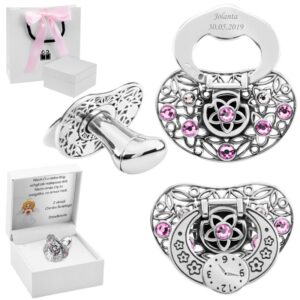 Smoczek srebrny 0,925 z różowymi kamyczkami, schowkiem i grawerem