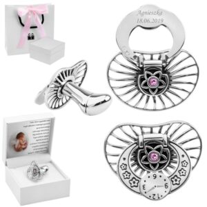 Na Chrzest Smoczek srebrny 0,925 z różowym kamieniem z grawerem