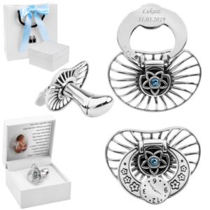 Na Chrzest Srebrny smoczek 0,925 z błękitnym kamieniem z grawerem