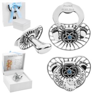 Na Chrzest Srebrny smoczek 925 stópki błękitny z grawerem