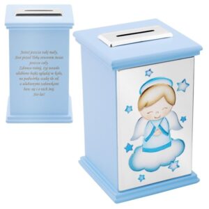 Chrzestowa drewniana skarbonka Aniołek niebieska z grawerem