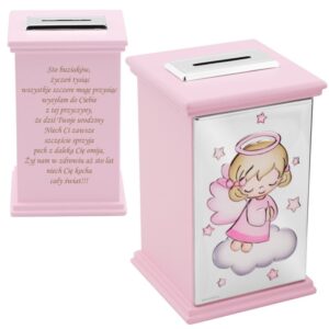 Skarbonka aniołek różowa na chrzest i roczek z grawerem laserowym