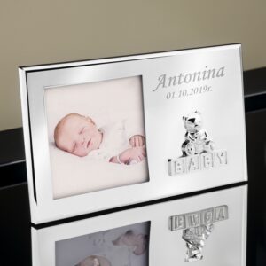 Ramka BABY z misiem stalowa na zdjęcie z grawerem dedykacji