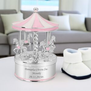 Na chrzest: Różowa pozytywka karuzela posrebrzana z grawerem