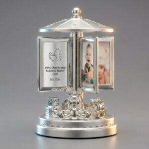 Na chrzest Duża posrebrzana karuzela z dedykacją 7 zdjęć z pozytywką