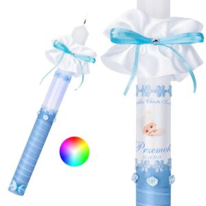 Chrzest: podświetlana świeca Model G2 z nadrukiem zdjęcia dziecka