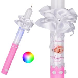 Świeca na Chrzest Premium G18 z diodami, profitką i nadrukiem