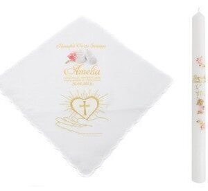 Chrzest: szatka ze złotym sercem i świeca, nadruk na szatce