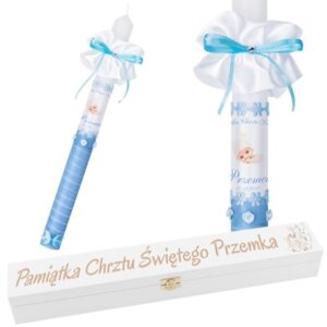 Chrzest lub Komunia: świeca G2 ze zdjęciem w skrzynce z grawerem