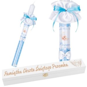 Chrzest lub Komunia: świeca ze zdjęciem i skrzynką z grawerem G7