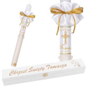 Chrzest lub Komunia: świeca ze zdjęciem dziecka i skrzynką G8 z grawerem