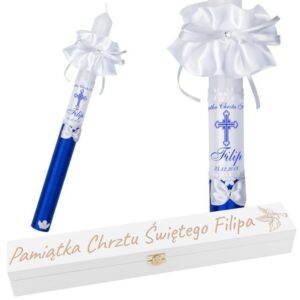 Chrzest/Komunia: świeca G10 ze zdjęciem i skrzynką z grawerem